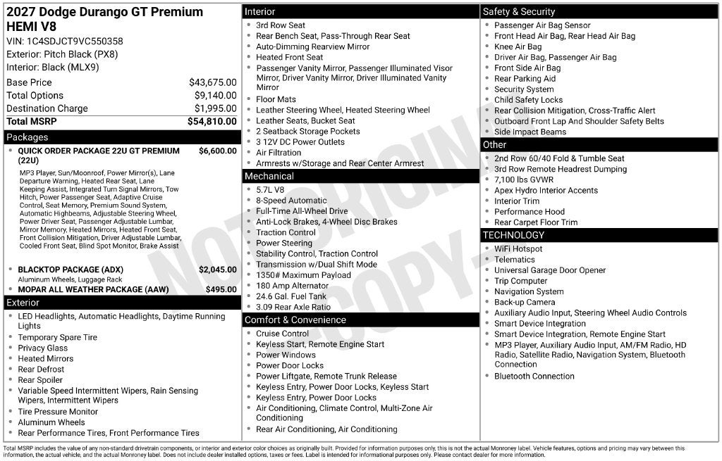 2027 Dodge Durango DURANGO GT HEMI V8 PREMIUM AWD