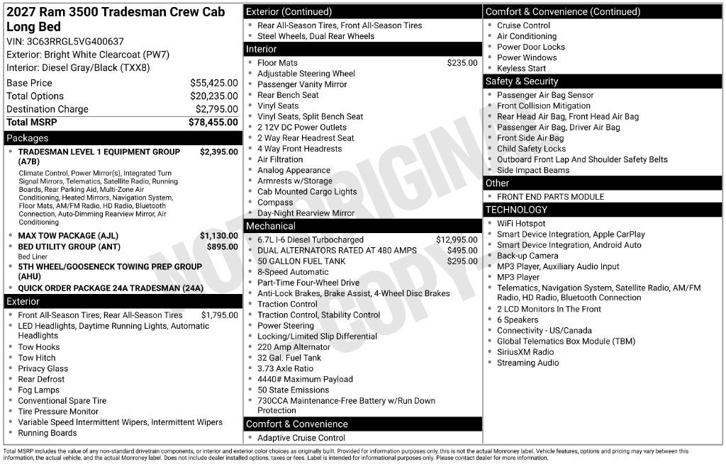 2027 RAM Ram 3500 RAM 3500 TRADESMAN CREW CAB 4X4 8' BOX