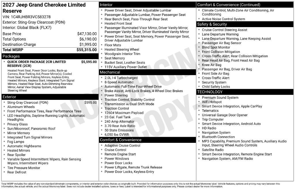 2027 Jeep Grand Cherokee GRAND CHEROKEE LIMITED RESERVE 4X4